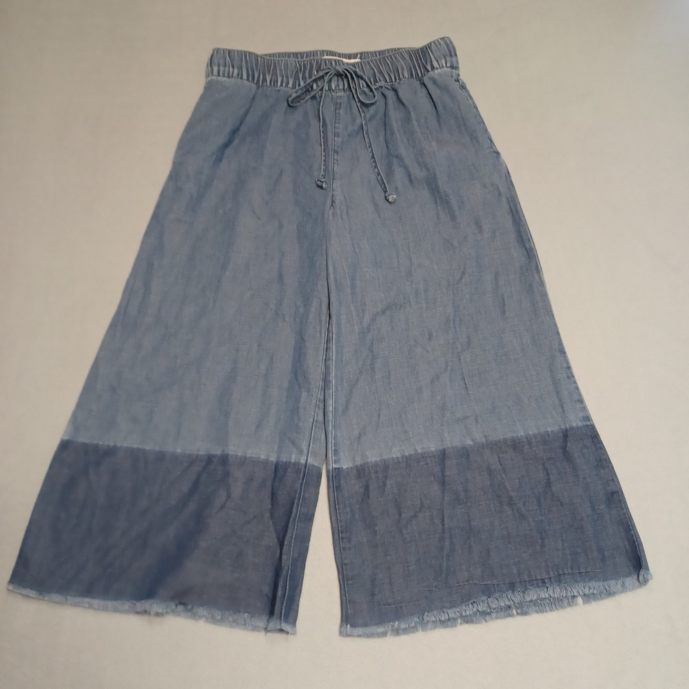 Life In Progress Pants Womens S Blue Chambray Wide Leg Culotte Raw Hem Two Tone